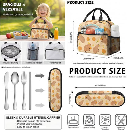 Cute Capybara Pizza Backpack for Girls, 5 Pcs Boys School Bag Set for Kids, 17 Inch Backpacks Lunch Pencil Box Reusable Utensils Case Set for Middle Elementary School, 3rd Grade Backpack
