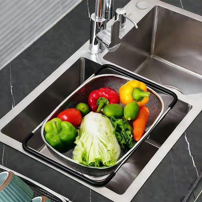 TENTA TENTA KITCHEN Premium Quality Over The Sink Stainless Steel Oval Small Colander with Fine Mesh 2.5 Quart Strainer Basket & Expandable Rubber Grip Handles-Strain,Drain,Rinse Fruits,Vegetables