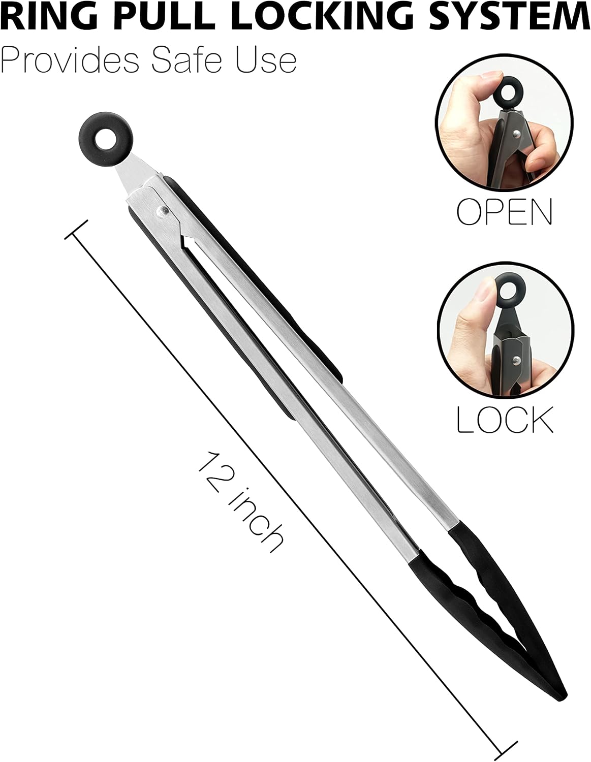 Anaeat Premium Kitchen Locking Tong Set of 3 - Heavy Duty Stainless Steel Food Tongs with Long Handle & Non-Slip Silicone Grip for Cooking, Baking, Grilling - Heat Resistant up to 480°F