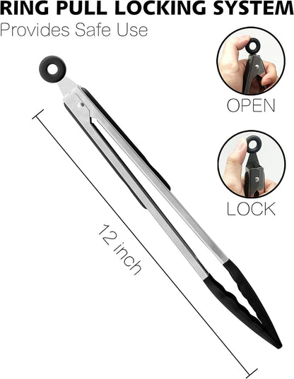 Anaeat Premium Kitchen Locking Tong Set of 3 - Heavy Duty Stainless Steel Food Tongs with Long Handle & Non-Slip Silicone Grip for Cooking, Baking, Grilling - Heat Resistant up to 480°F