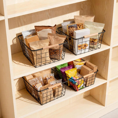 Wire Basket 4 Pcs Wire Storage Baskets Wire Baskets Organizing with Wooden Handles Wire Basket Pantry Organization and Storage Metal Wire Food Storage Basket for Kitchen, Cabinets (Black 4PCS)