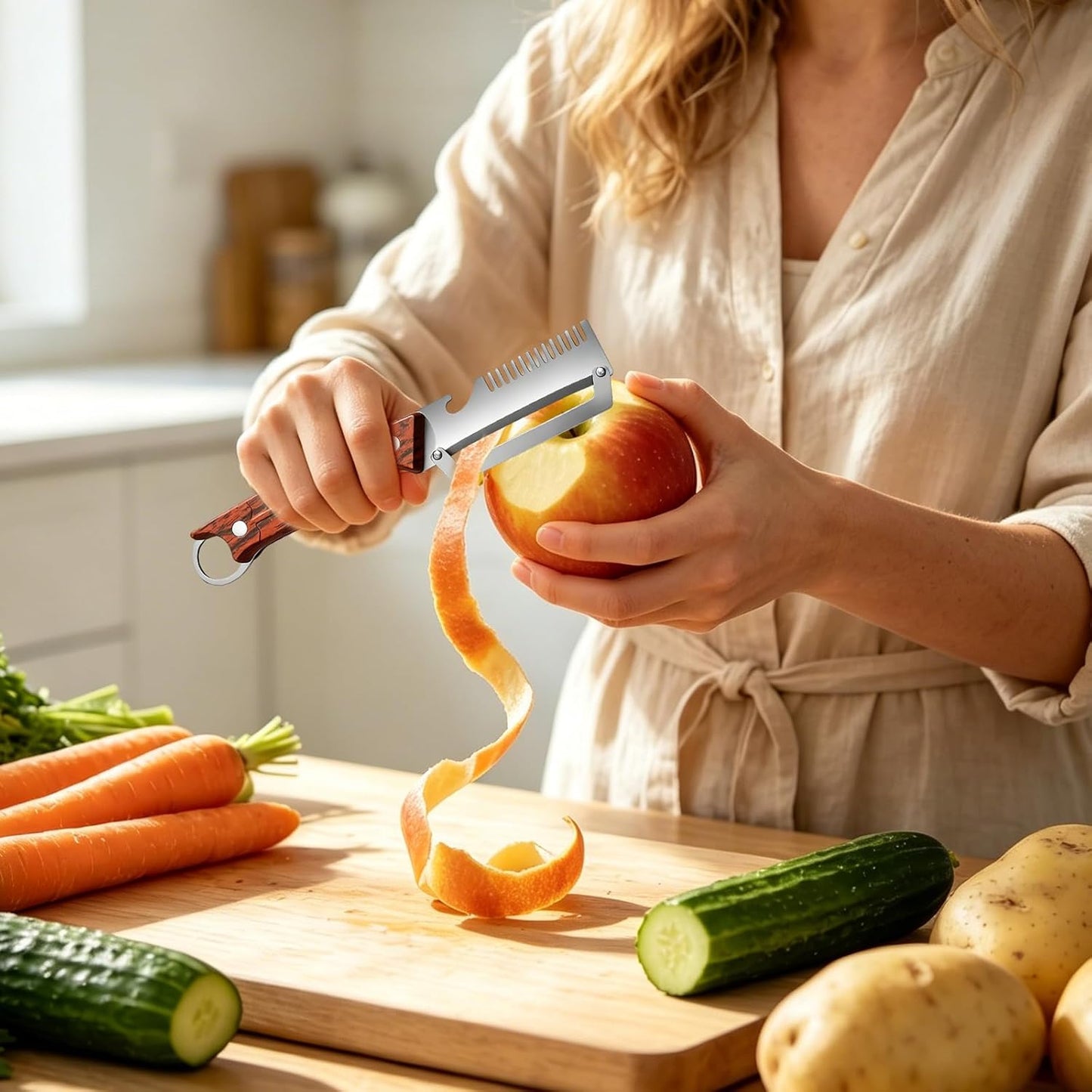 Multifunctional 3-in-1 Vegetable Peeler & Julienne Slicer, Stainless Steel Blade with Ergonomic Wood Handle for Efficient Peeling, Grating, Slicing (2 Pack)