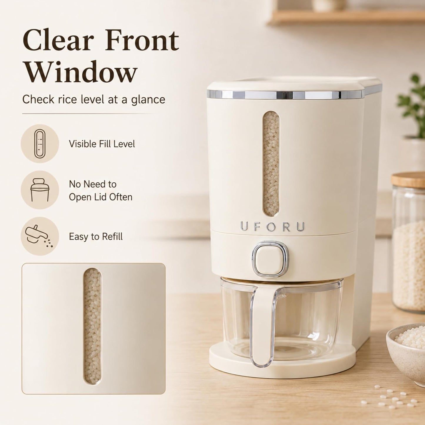 ROOM127 Slim Rice Dispenser 11 Lbs, Airtight Rice Storage Container with Measuring Cup, One-Touch Dry Food & Cereal Dispenser with Clear Window for Kitchen Countertop, Milk Tea Brown