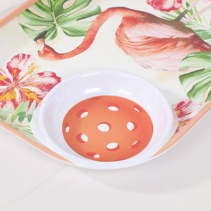 UPware Flamingo Melamine Chip and Dip Snack Tray, Tropical Floral Pickleball Paddle Shape Platter for Chips, Salsa, Fruits, and Appetizers, 15.75 x 8 Inch