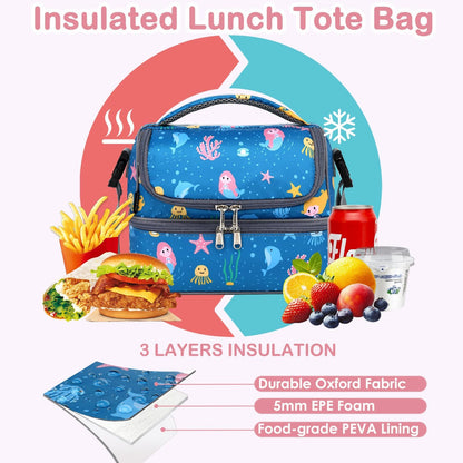 FlowFly Kids Double Decker Cooler Insulated Lunch Bag Large Tote for Boys, Girls, Men, Women, With Adjustable Strap, Unicorn
