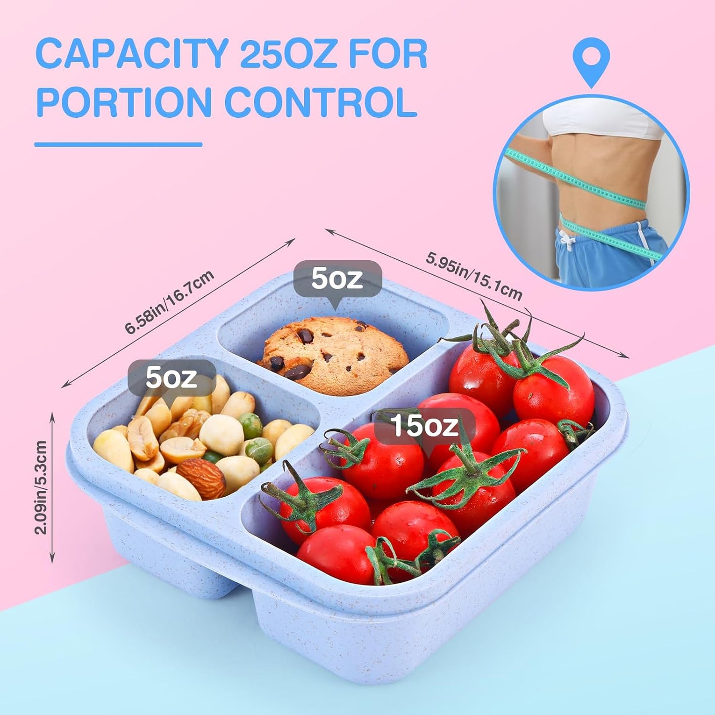 Rinwoc Bento Box [Portion Size], 3 Pack Snack Containers with 3 Compartments for Meal Prep & On-the-Go [School, Travel], Lunchable Container Reusable and BPA-Free