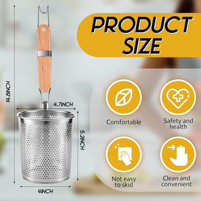 Tessco 4 Pcs Pasta Strainer, 4.7" x 5.2'' Stainless Steel Pasta Basket Mesh Cooker with Wood Handle, Spider Strainer Kitchen Skimmer for Food Dumpling Noodle Blanching(Dark Color)