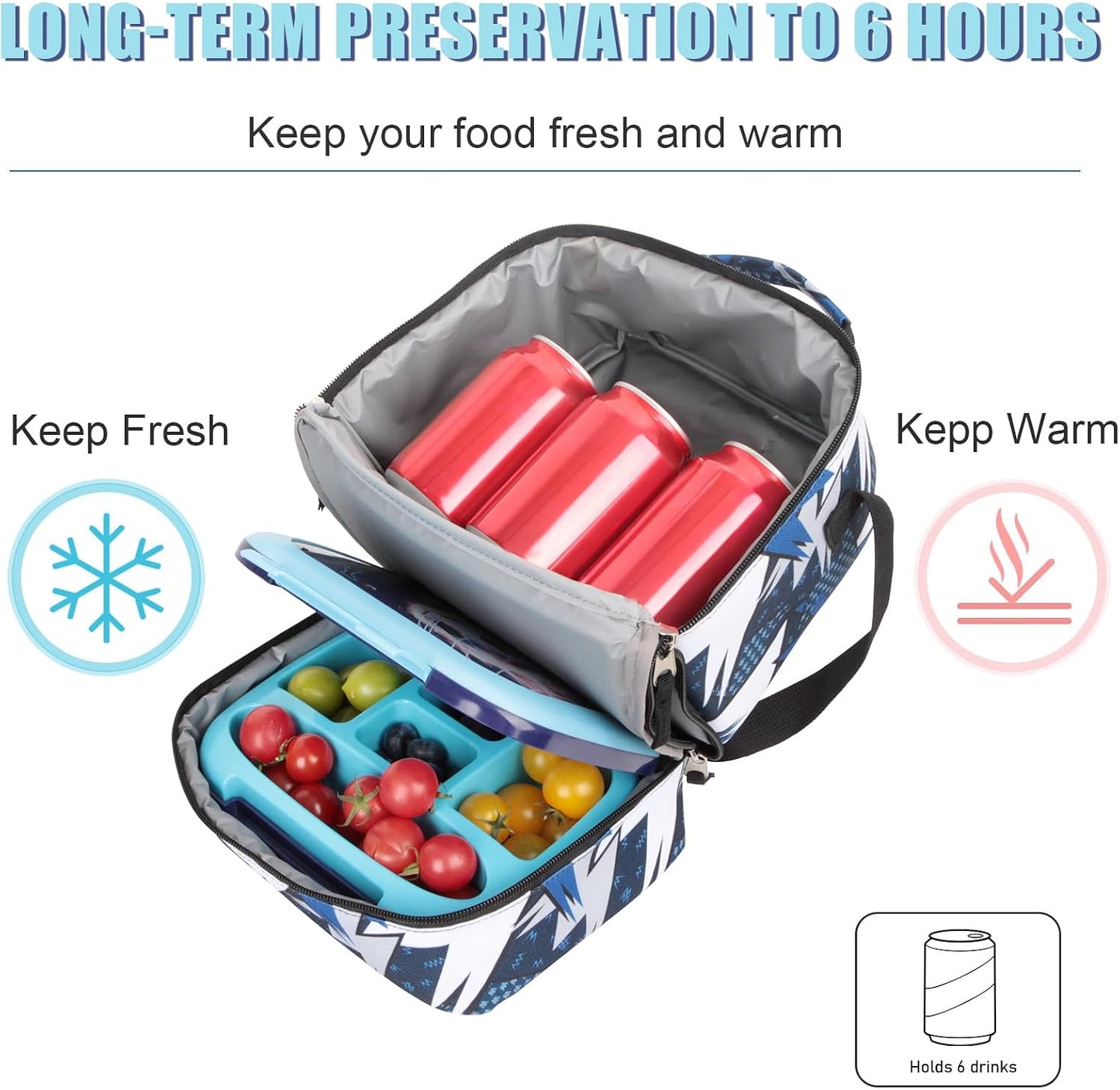 Tilami Lunch Bags Insulated Adjustable Strap Zipper, Two Compartments Cooler Bags, Bento Bags for Kids Toddlers (Blue)