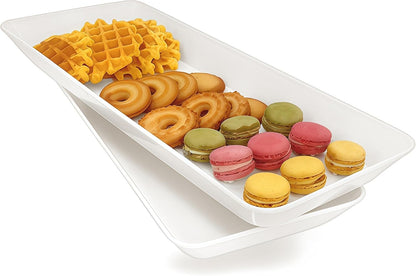Serving Tray Platter Rectangle, 4 Pcs Long Narrow Food Tray for Veggie Fruit Snack Dessert, Plastic White Food Trays for Party Supplies Display, Rectangular Platters for Serving Food, BPA Free
