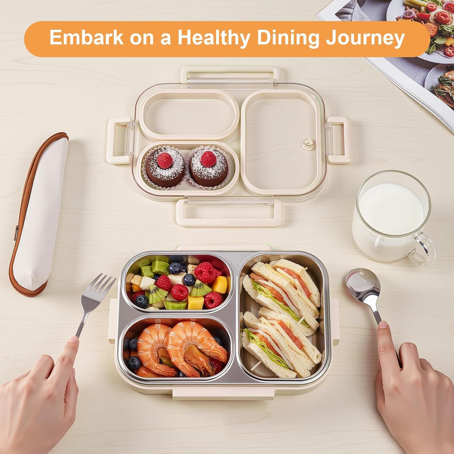 25oz 18/8 Stainless Steel Lunch Box Kit (Bento Box + Fork/Spoon) - 3 Leakproof Compartments - Metal Snack Box for Kids & Adults - School/Office/Travel - Dishwasher Safe (Beige)