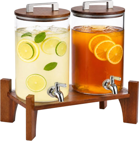 2 Pack 1 Gallon Drink Dispensers for Parties, Glass Drink Dispenser, Beverage Dispenser with Acacia Wood Lid & Stand, Lemonade Dispenser with Stainless Steel Spigot, Water Dispenser for Juice Tea