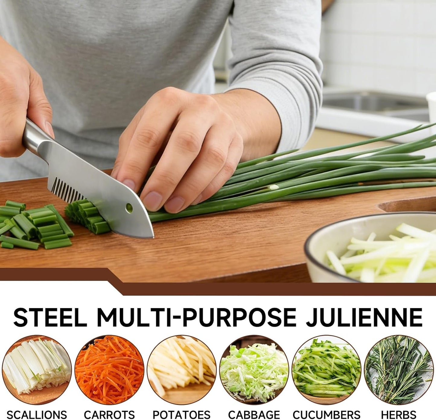 Stainless Steel Multi-Purpose Julienne Peeler, handheld peeler shredder, quick vegetable slicer for kitchen. Comfortable handle and hanging holes, suitable for fruits, vegetables, and herbs. (1)