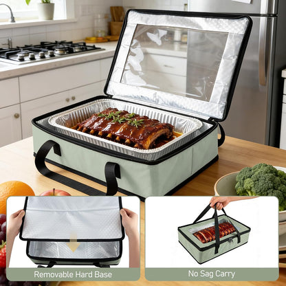 BANGIE BBQ Meat Resting Blanket & 9x13 Foil Pan Carrier - Leakproof Insulated Casserole Transport Bag with Visual Window, Rigid Hard Bottom - Birthday Father's Day Grilling Gifts for Men, Dad,Green
