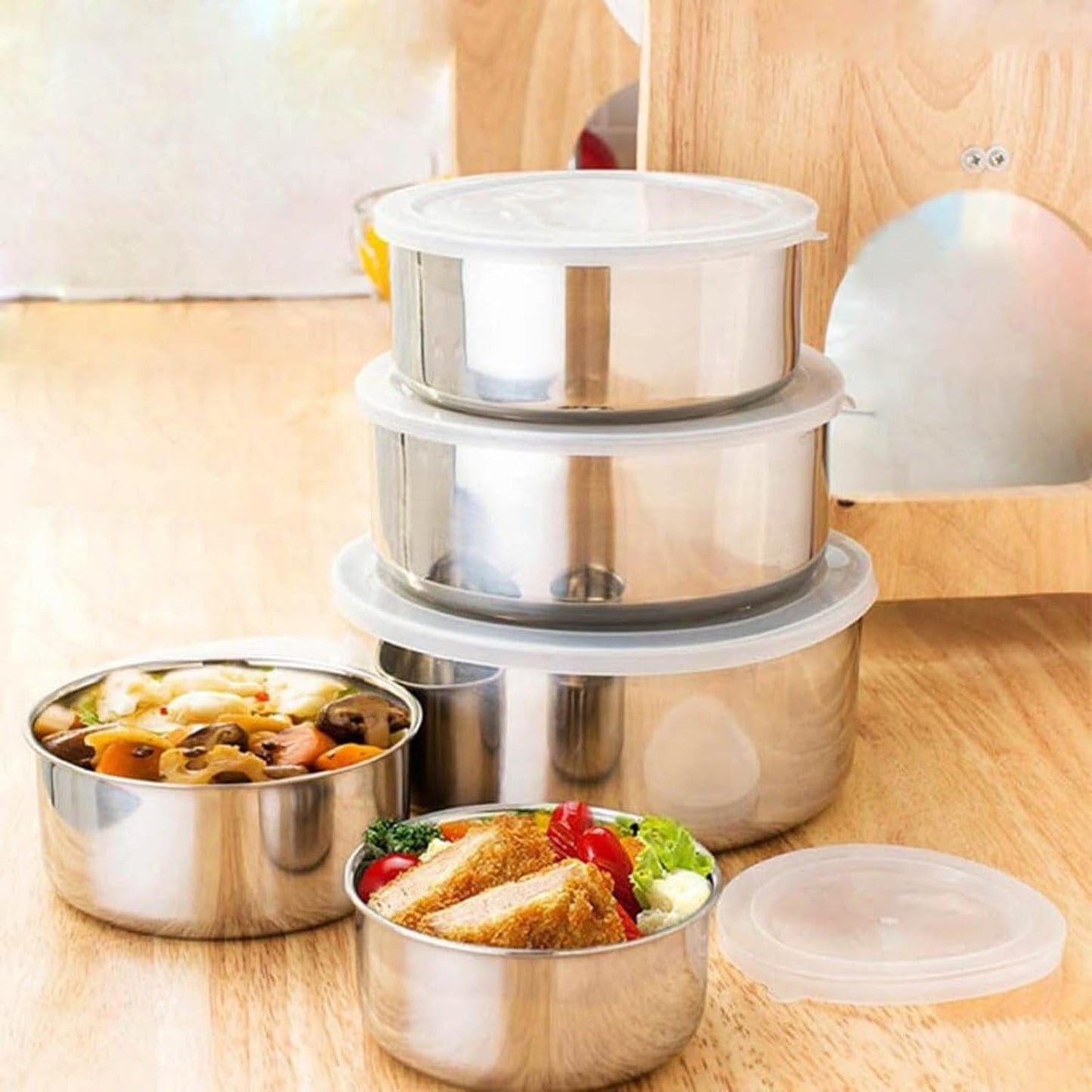 5 Pcs Stainless Steel Mixing Bowls with Lids, Nesting Food Storage Containers for Kitchen Fridge, Stackable Metal Serving & Prep Bowl Set