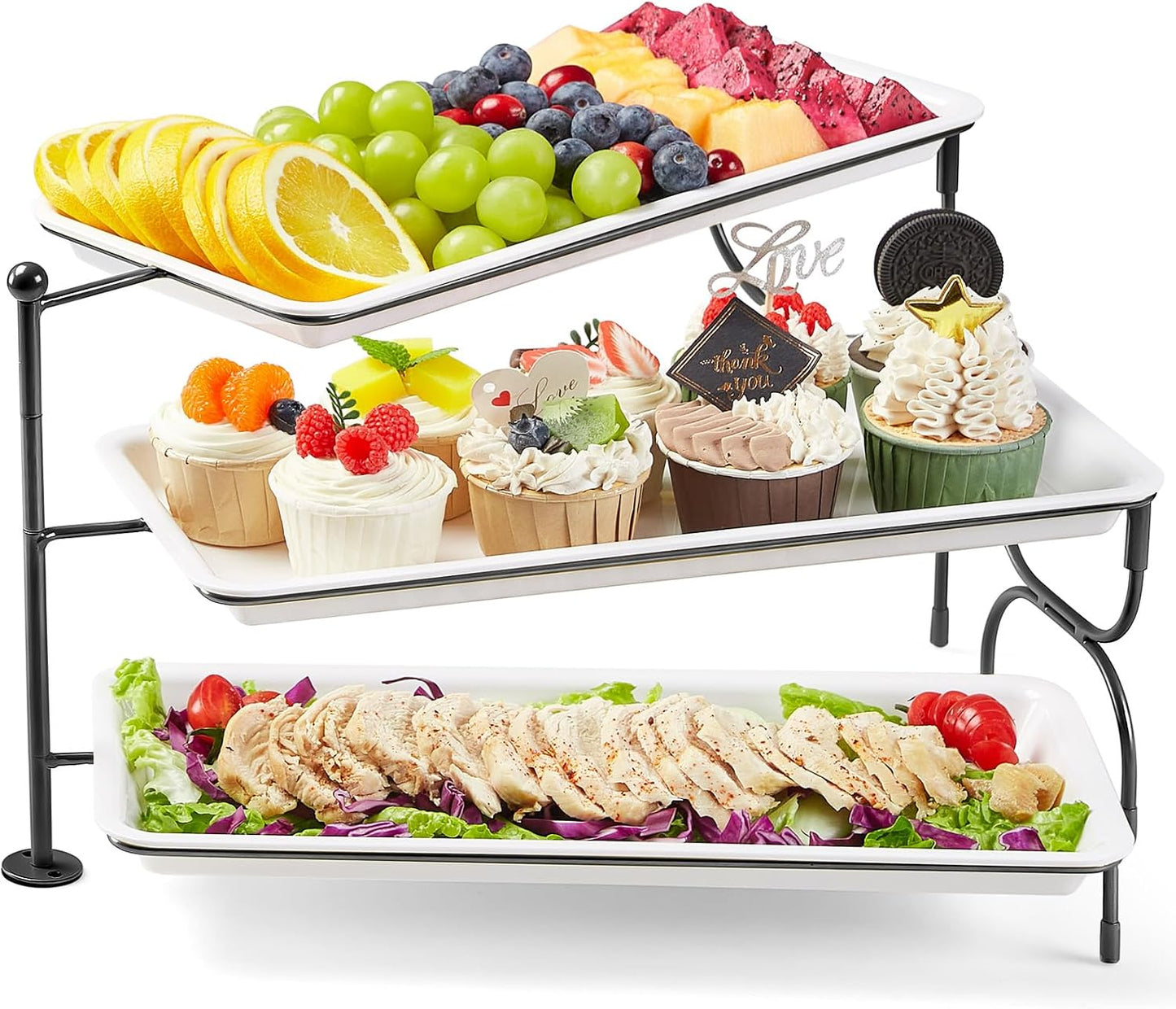 Lifewit 3 Tier Serving Tray, 30 x 17 cm/12 x 6.5" White Plastic Tiered Food Serving Platters, Tiered Tray Stand for Party with Black Collapsible Metal Stand, Dessert Display Stand for Cookies/Crackers
