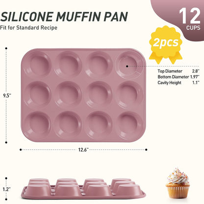 2 Pack 12 Cups Silicone Muffin Pan with Metal Reinforced Frame Regular Size Silicone Molds Cupcake Cake Baking Pans Cookie Baking Chocoflan Cupcake Mold Nonstick Muffin Tin Home Baking Supplies