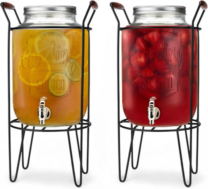 3 Gallon Classic Ice Cold Clear Glass Mason Jug Drink Beverage Dispenser Durable On Galvanized Stand With Leak Free Spigot-Easy Filling For Outdoor, Parties & Daily Use Lid