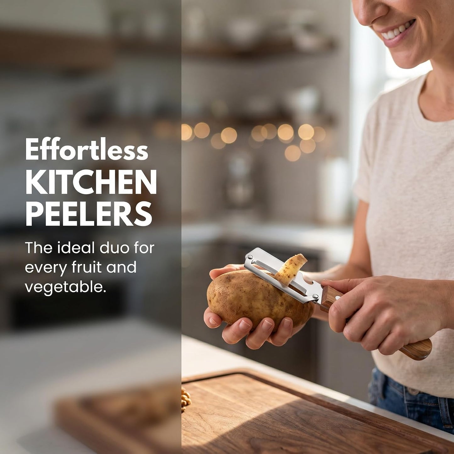 Multi-Functional Vegetable Peeler for Kitchen, 3-in-1 Stainless Steel Kitchen Tool, Wide-Cut Design with Wooden Handle and Bottle Opener, Suitable for Potatoes, Carrots, and Squash (2 PCS)
