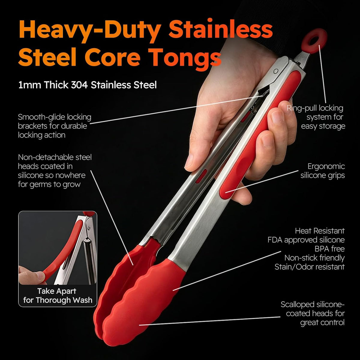 HST 3 Pack Kitchen Tongs, Non Stick Stainless Steel 9 Inch Tongs