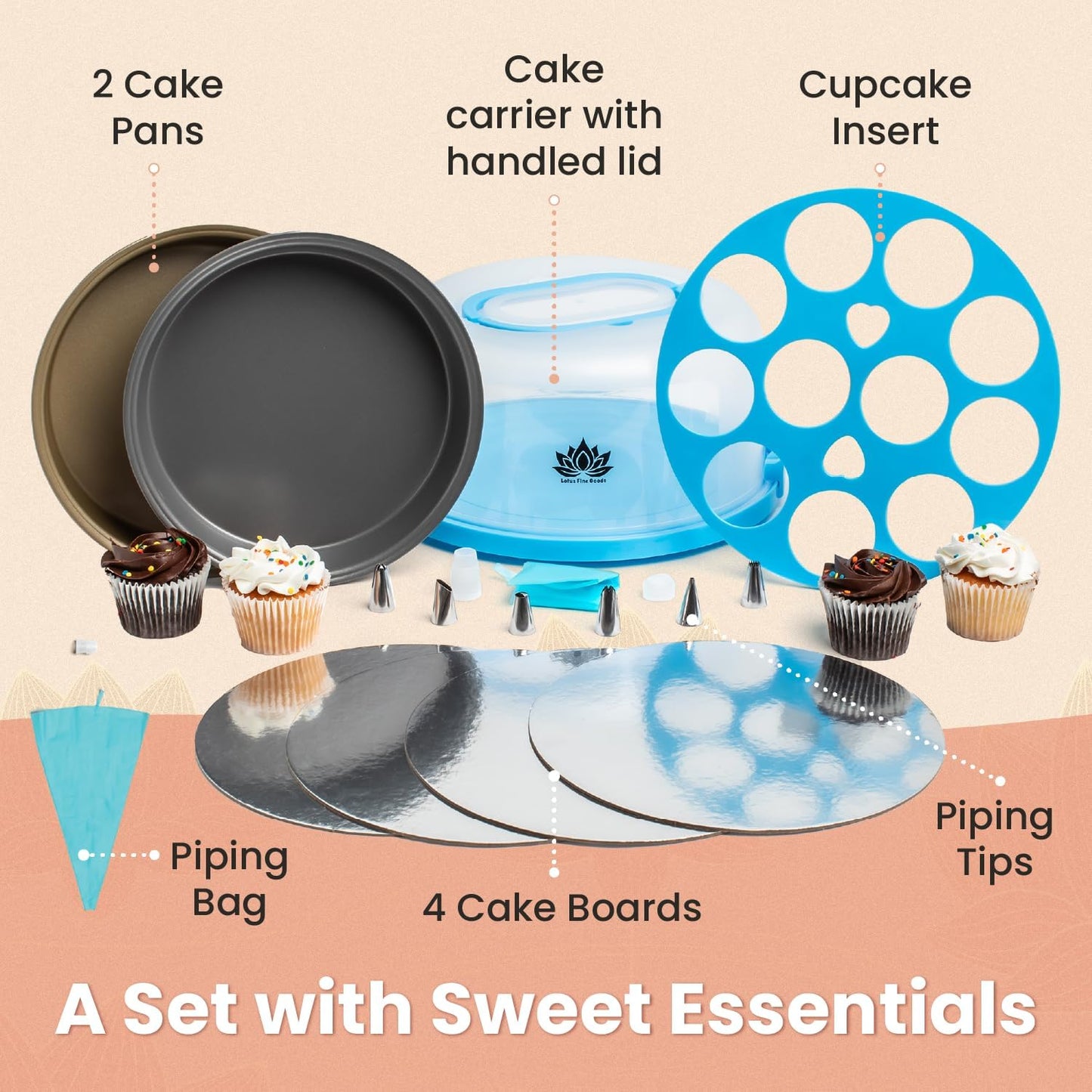 Cake Carrier with Lid and Handle – 10" Cake Storage Container with Baking Accessories, Cake Stand with Baking Pan, Cupcake Tray, Cake Boards & Piping Set