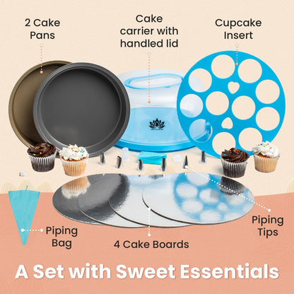 Cake Carrier with Lid and Handle – 10" Cake Storage Container with Baking Accessories, Cake Stand with Baking Pan, Cupcake Tray, Cake Boards & Piping Set
