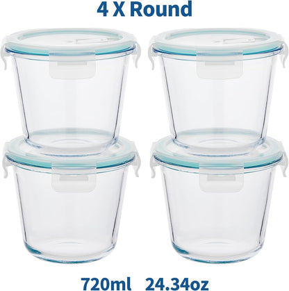8 PCS Glass Meal Prep Containers with Lids, Airtight 3 Cup Glass Storage Containers Set, Round Deep Soup Containers with Lids for Leftover, Microwave, Dishwasher, and Freezer Safe(4 Sets)