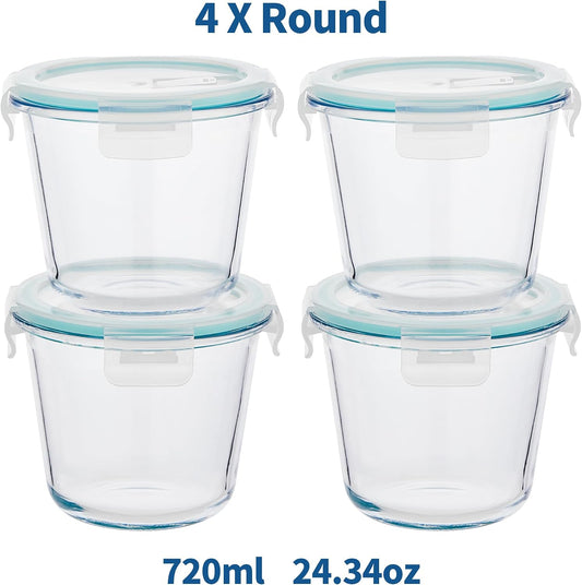 8 PCS Glass Meal Prep Containers with Lids, Airtight 3 Cup Glass Storage Containers Set, Round Deep Soup Containers with Lids for Leftover, Microwave, Dishwasher, and Freezer Safe(4 Sets)