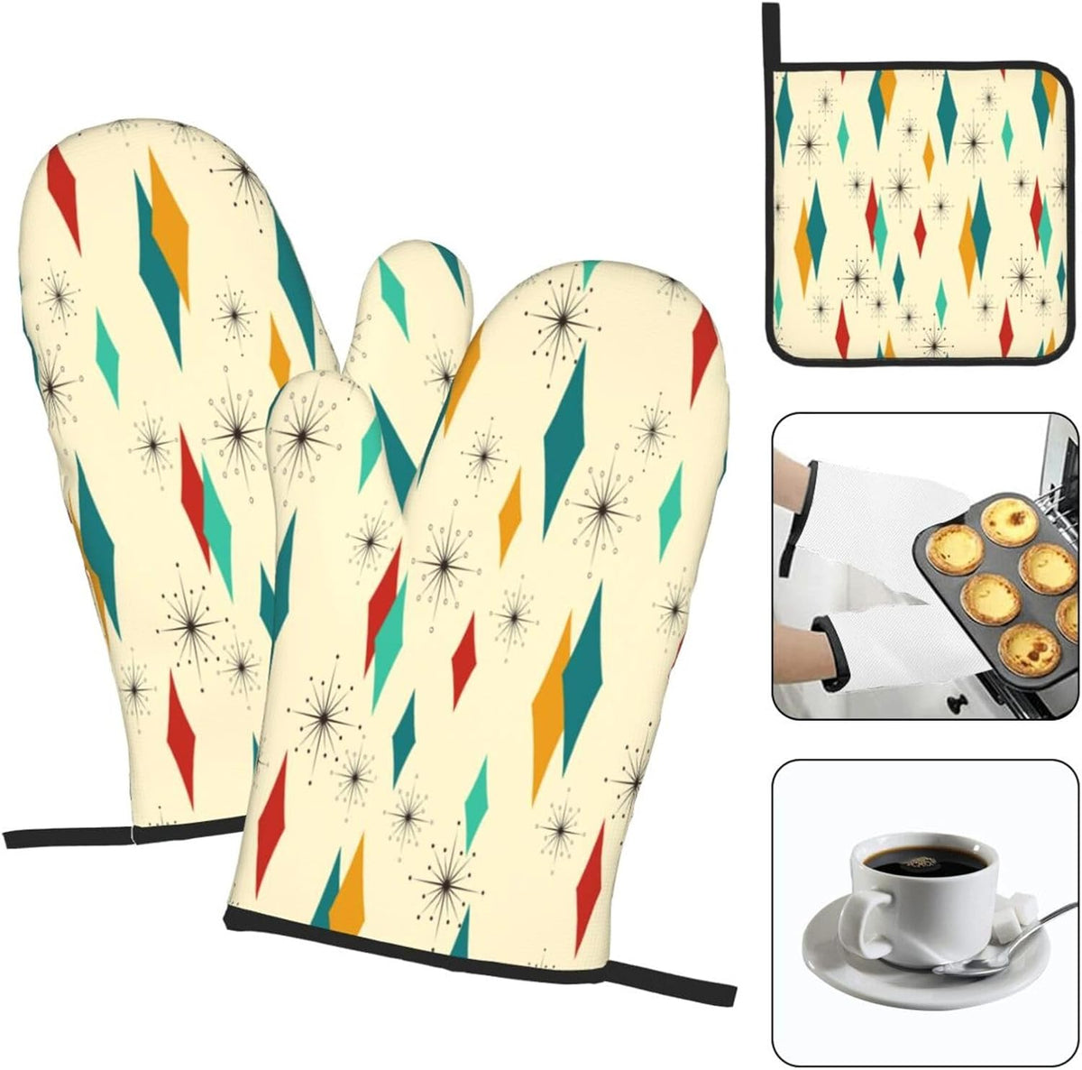 Boho Floral Oven Mitts and Pot Holders Sets of 3, Cute Baker Stuff