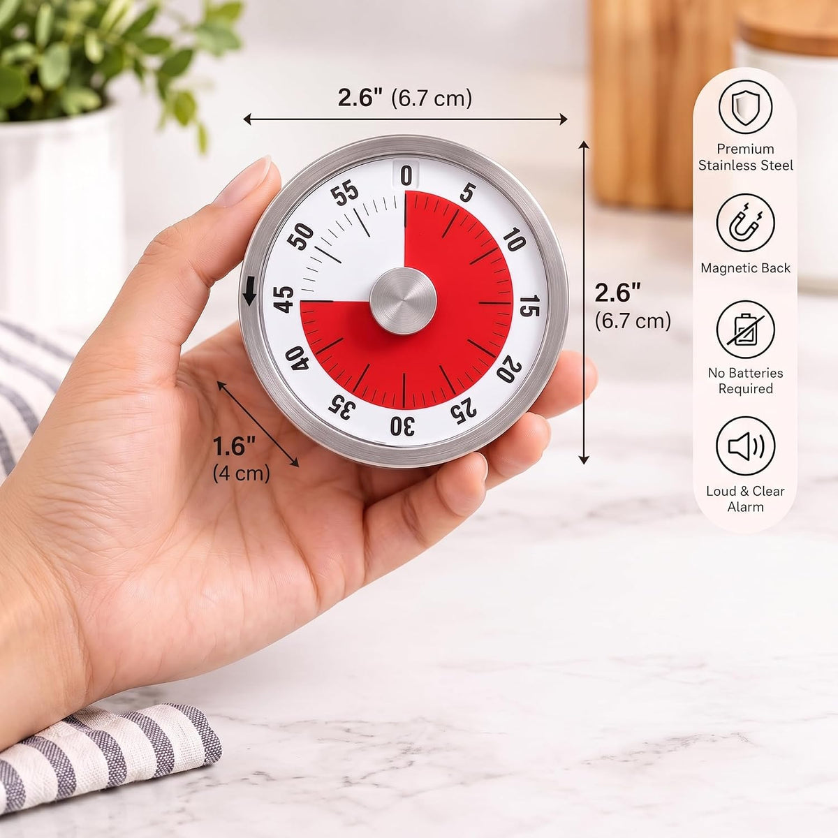 Visual Kitchen Timer for Cooking and Kids with Loud Alarm, No Batteries Required, Classroom Timers for Desk, Mechanical Desk Timer, Magnetic Egg Timer for Study, Chef Clock, Stainless Steel Timer