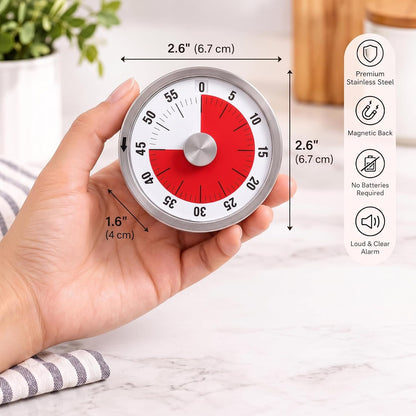 Visual Kitchen Timer for Cooking and Kids with Loud Alarm, No Batteries Required, Classroom Timers for Desk, Mechanical Desk Timer, Magnetic Egg Timer for Study, Chef Clock, Stainless Steel Timer