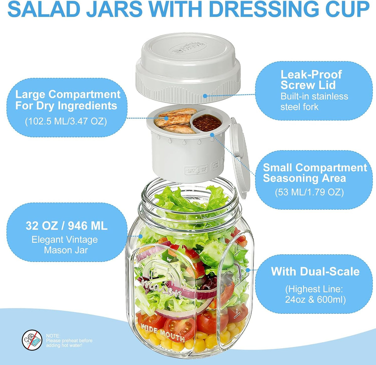[UPGRADE] 4 Pack Glass Salad Container for Lunch, Salad Jars with Silicone Dressing Cup & Airtight Lid & Fork for Meal Prep, Wet/Dry Separation Divider for Salad Dressing and Dry Ingredients Mason Jar