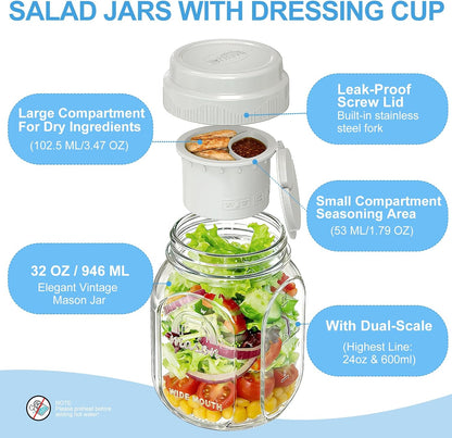 [UPGRADE] 4 Pack Glass Salad Container for Lunch, Salad Jars with Silicone Dressing Cup & Airtight Lid & Fork for Meal Prep, Wet/Dry Separation Divider for Salad Dressing and Dry Ingredients Mason Jar
