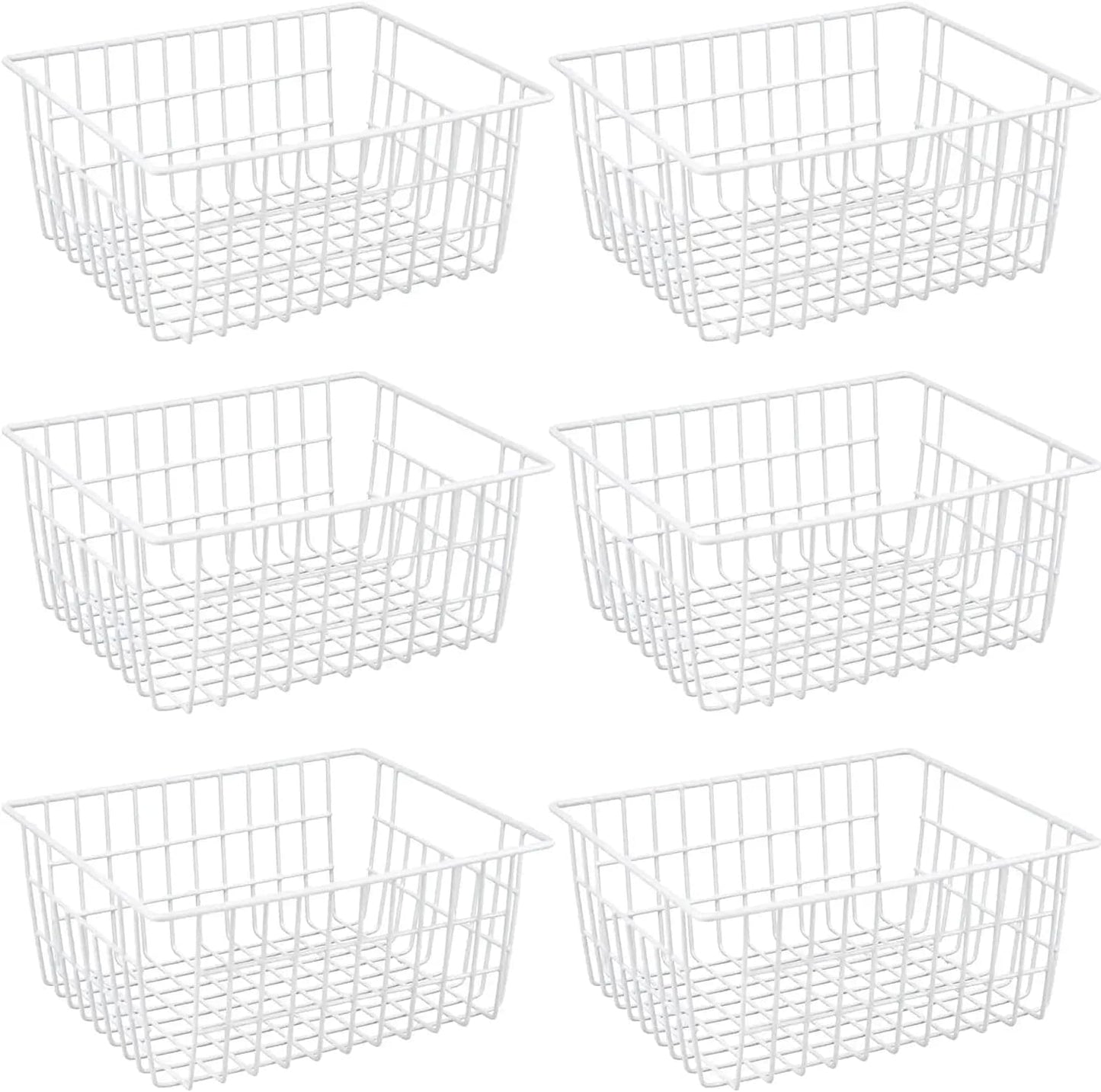 15.2" Metal Wire Baskets for Organizing 6 Pack, Household Pantry Storage Freezer Organizer Bins with Handles, Freezer Baskets for Upright Freezer, Refrigerators, Kitchen Cabinets, White