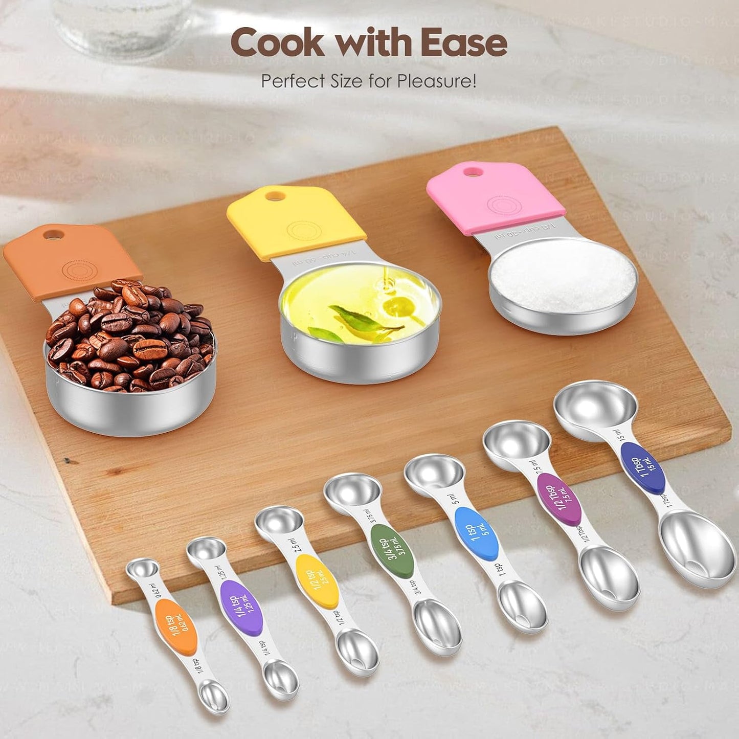 Magnetic Measuring Cups and Spoons Set – 304 Stainless Steel | Dual-sided Design | 15-Piece with Leveler | N52 Space-Saving Magnetic Nesting | Baking & Meal Prep | Kitchen Gift (Black)