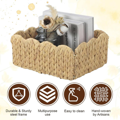 Potchen 6 Pcs 12 x 9 x 5 Inch Scalloped Water Hyacinth Storage Baskets, Rectangular Wicker Storage Baskets for Shelving, Natural Foldable Woven Pantry Organizer for Organizing