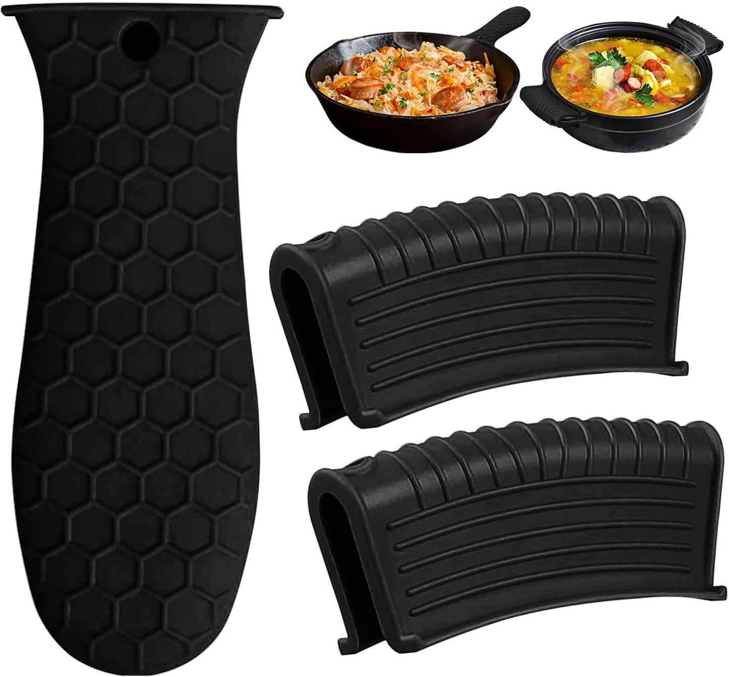 3 Piece Silicone Cast Iron Handle Cover with Pot Handle Covers Set，Cast Iron Handles Sleeve (Black-Small)