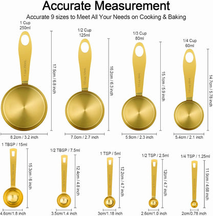 GuDoQi 9pcs 304 Stainless Steel Measuring Cups & Spoons, Stackable Long Handle Fits Narrow Jars, Golden Finish, Metric & US Measures for Dry/Liquid Ingredients, Rust-Proof for Baking & Cooking