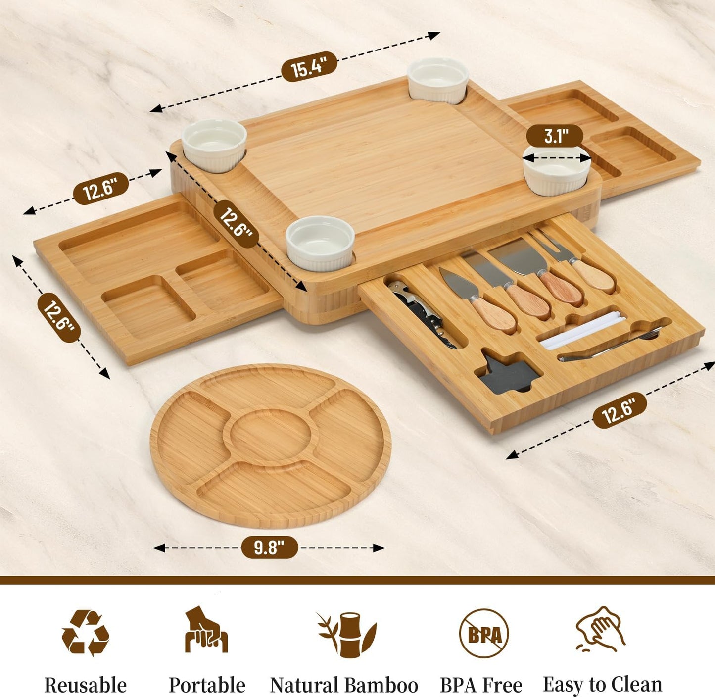 CAWIU Charcuterie Board with Lid – Large Bamboo Cheese Board Set with Utensils & Drawers – Housewarming, Wedding Gifts for Couples, Serving Tray with Cover (Cream)
