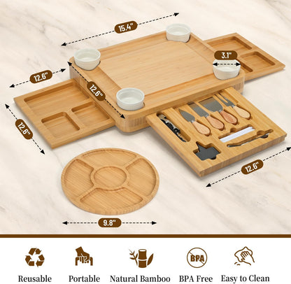 CAWIU Charcuterie Board with Lid – Large Bamboo Cheese Board Set with Utensils & Drawers – Housewarming, Wedding Gifts for Couples, Serving Tray with Cover (Cream)