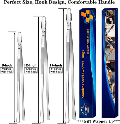 JETKONG 3 Pcs Extra Long Kitchen Tweezers 9 12 14 Inch Heavy Duty Stainless Steel Cooking Tweezers (Round Tips, Silver)