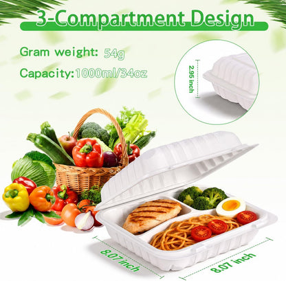 50Pack 8" X 8" 3-Compartment Clamshell To Go Food Containers With Secure Snap Lids - Heavy Duty Take out Containers Disposable To Go Plate For Carryout Meal Prep Catering (Black 3-Compartment)