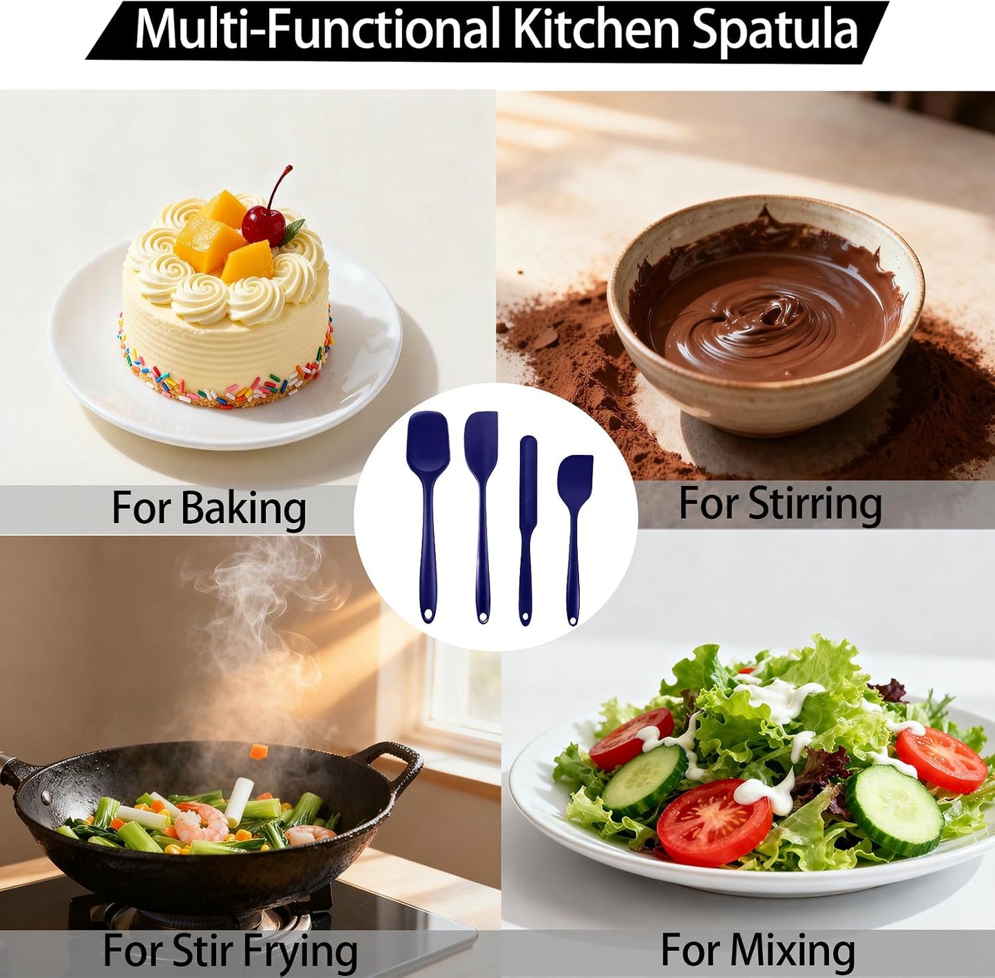 Silicone Spatula Set, Food Grade Rubber Spatula, 4 Pcs Heat Resistant Silicone Spatulas, One Piece Design Non-Stick Kitchen Utensils for Cooking, Stirring, Baking & Mixing, Dishwasher Safe (Black)
