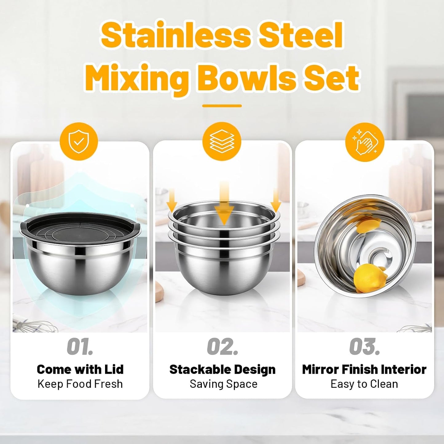 Beasea Stainless Steel Mixing Bowls, 5 Pack 1.5 QT Stackable Nesting Mixing Bowls with Airtight Lids, Metal Bowl with Lid for Baking, Meal Prepping, Salad, Serving, Food Storing