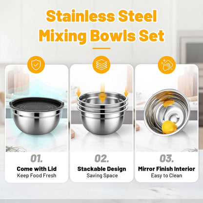 Beasea Stainless Steel Mixing Bowls, 5 Pack 1.5 QT Stackable Nesting Mixing Bowls with Airtight Lids, Metal Bowl with Lid for Baking, Meal Prepping, Salad, Serving, Food Storing