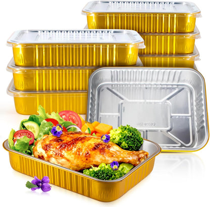 10 Pack Gold Aluminum Foil Pans with Lids, 9x7.4 Inch Disposable Reusable Oven Safe Food Containers, Freezer & BBQ Grill To-Go Pans for Baking, Meal Prep, Thanksgiving & Party