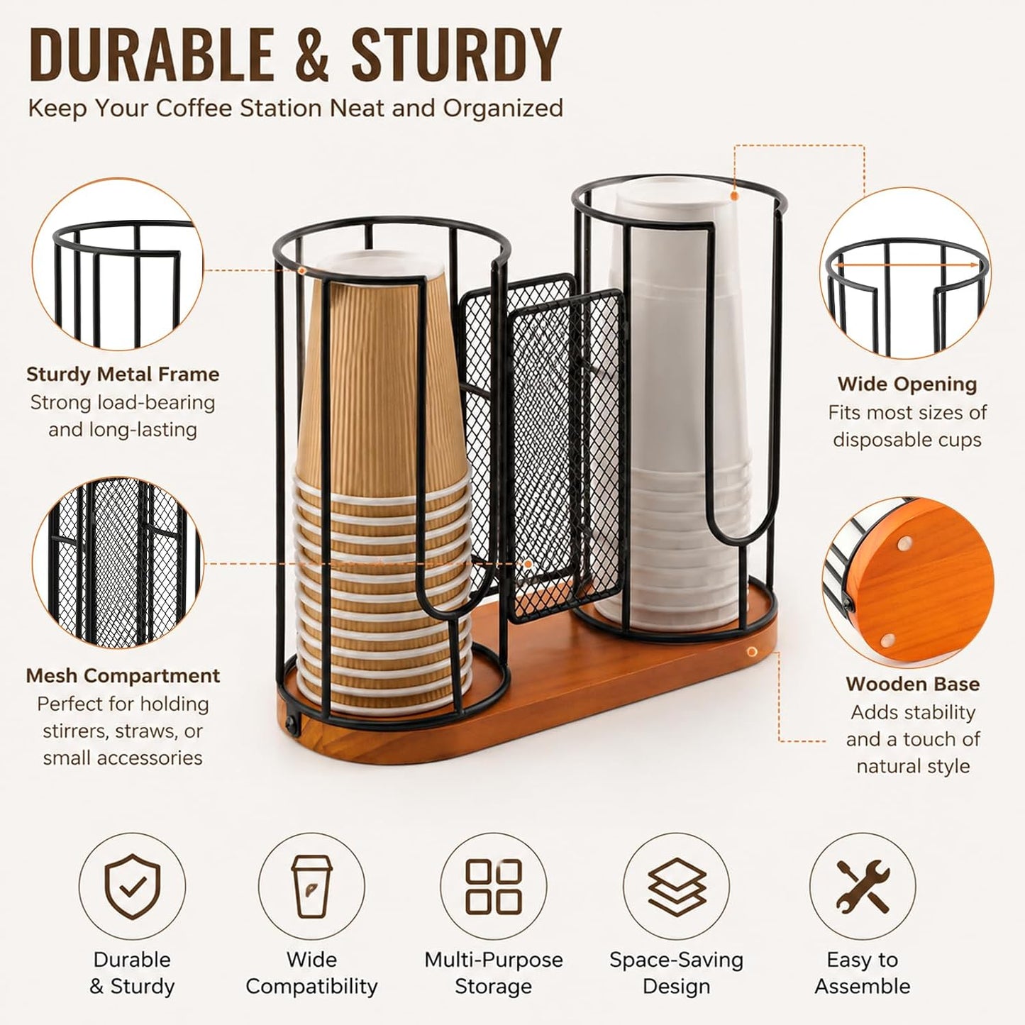 2-Compartment Coffee Cup Dispenser Rack, Disposable Cups Straws Organizer with Wooden Base, Paper Plastic Cup and Lids Holder for Coffee Station Bar Restaurant Office Breakroom Shop Kitchen