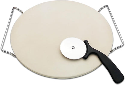 13 Inch Round Pizza Stones for Grill and Oven, Cordierite Baking Stones Set with Serving Rack & Cutter, Durable and Safe Cooking Stone Pan for Bread, Natural Pizza Stone for Family