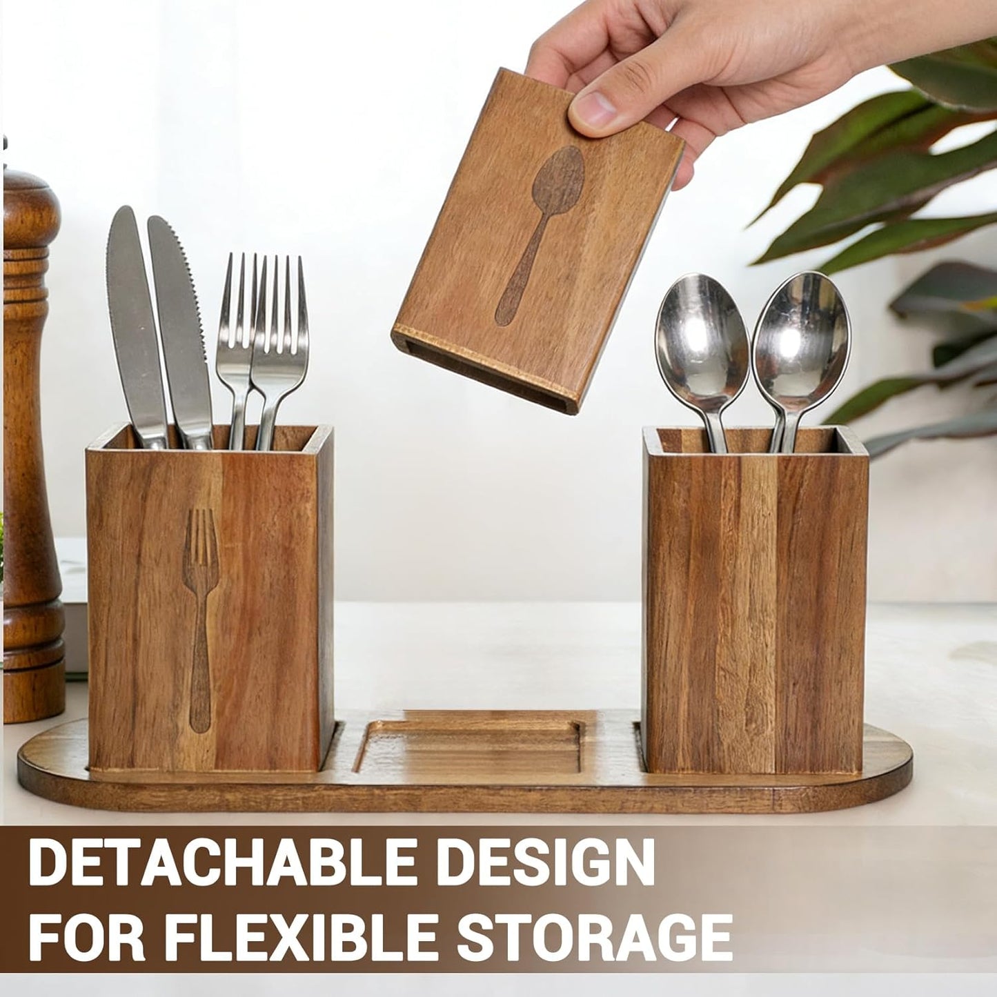 Takywep Acacia Wood Utensil Holder for Kitchen Countertop, Rustic Silverware Caddy Organizer Box, Cutlery Storage for Spoons Forks Knives, Holds Plates & Napkins, Farmhouse Kitchen Counter Organizer