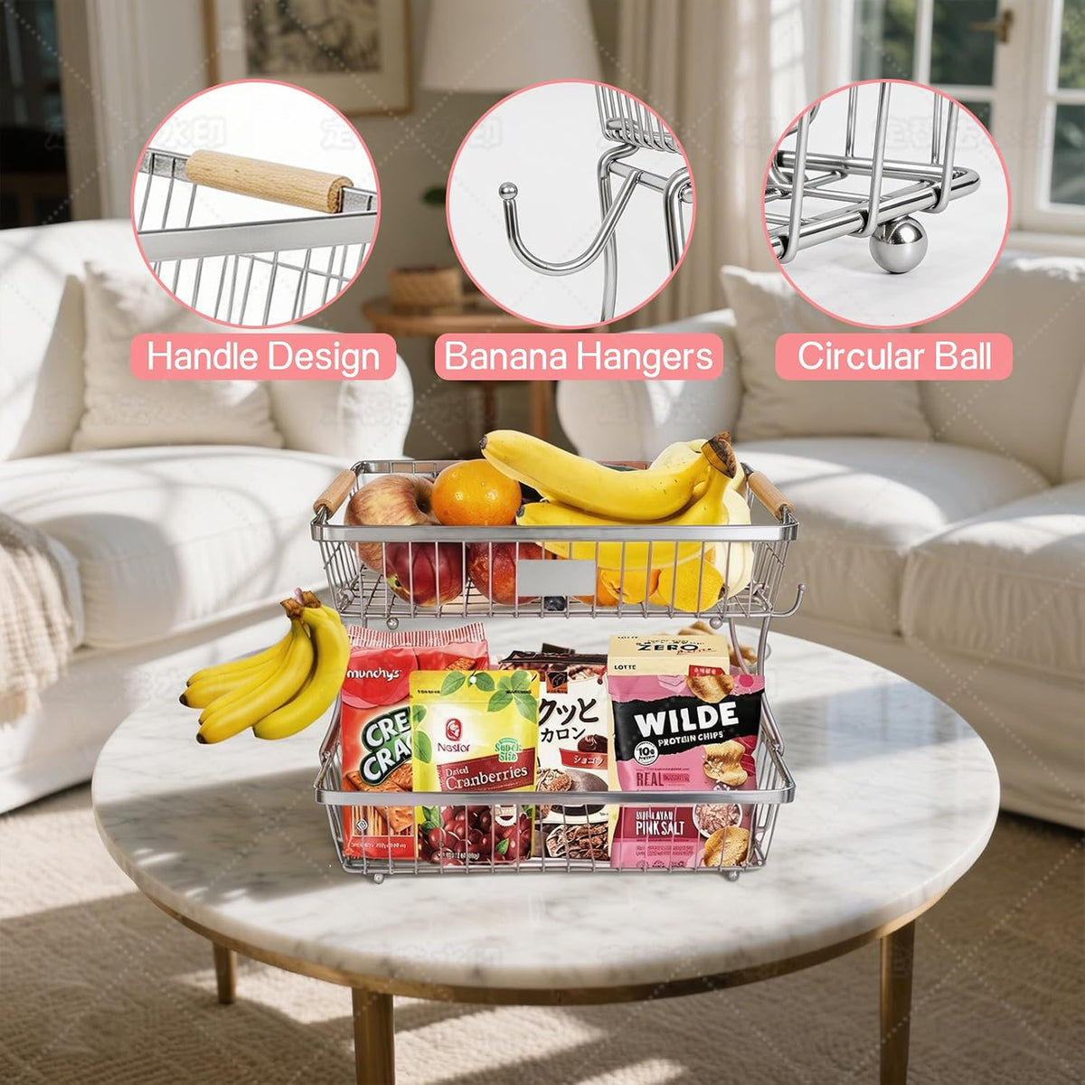 Fruit Basket Bowl 2 Tier Detachable with 2 Banana Hangers, Fruit Stand Holder for Kitchen Countertop, Metal Wire Vegetable Storage Organizer, for Bread Snack Veggies Produce, Black