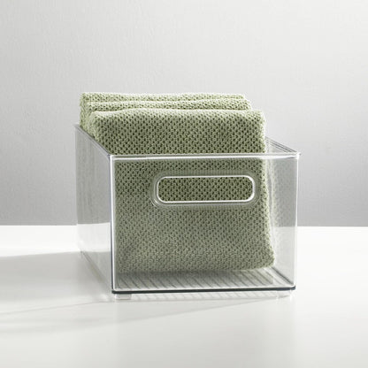mDesign Plastic Bathroom Storage Container Bins w/ Handles - Closet, Cabinet, Vanity, Cupboard Shelf Organization, Hair Tools Accessory Organizer - Ligne Collection; Clear, ‎5x3.75x16 (Pack of 8)